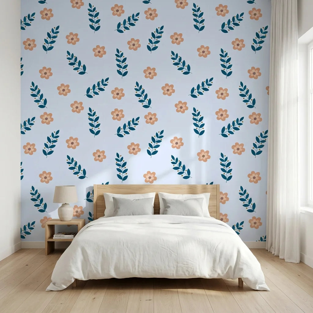 Summer Story vibrant coastal floral wallpaper adding character to a cozy bedroom