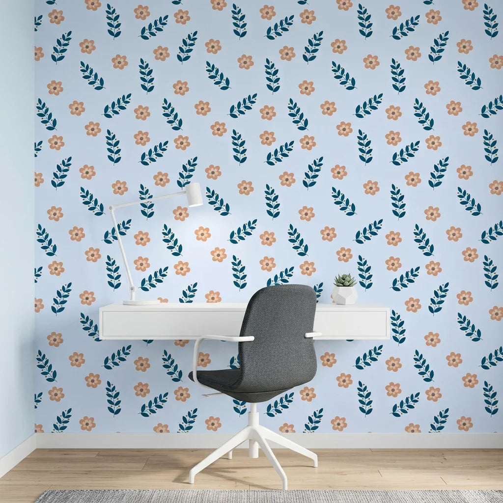 Summer Story vibrant coastal floral wallpaper as a feature wall in a bright home office