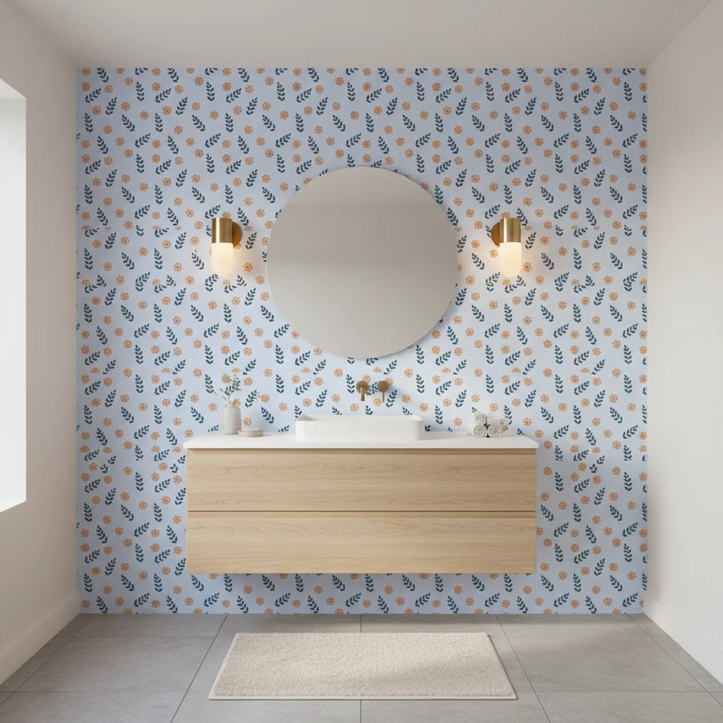 Summer Story vibrant coastal floral wallpaper creating ambiance in a serene bathroom