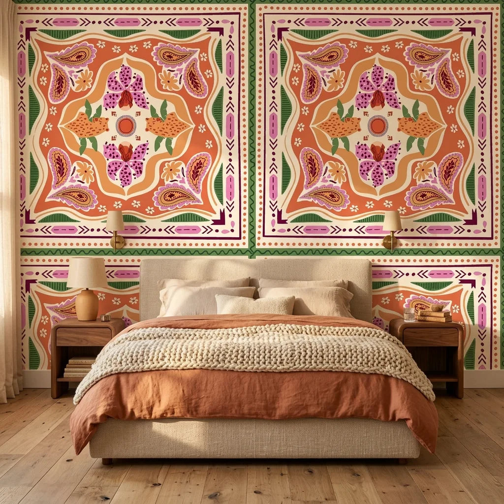 Sun Bloom sunflower wallpaper adding character to a cozy bedroom