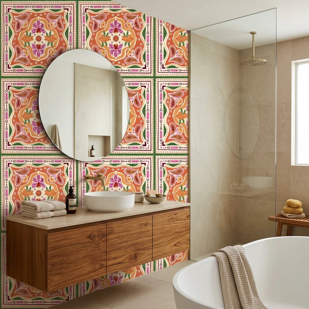 Sun Bloom sunflower wallpaper creating ambiance in a serene bathroom