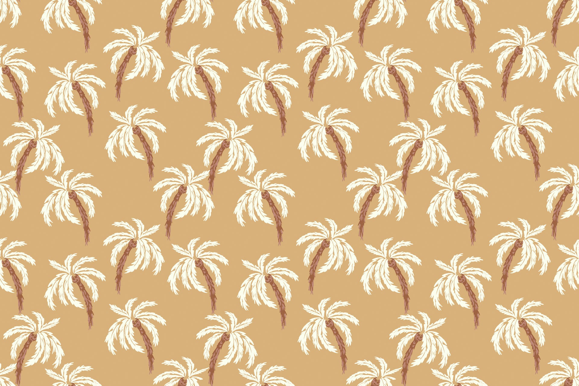 A beige wall covering patterned with white and brown tropical palm trees, named Sun Whispers.