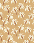 A beige wall covering patterned with white and brown tropical palm trees, named Sun Whispers.