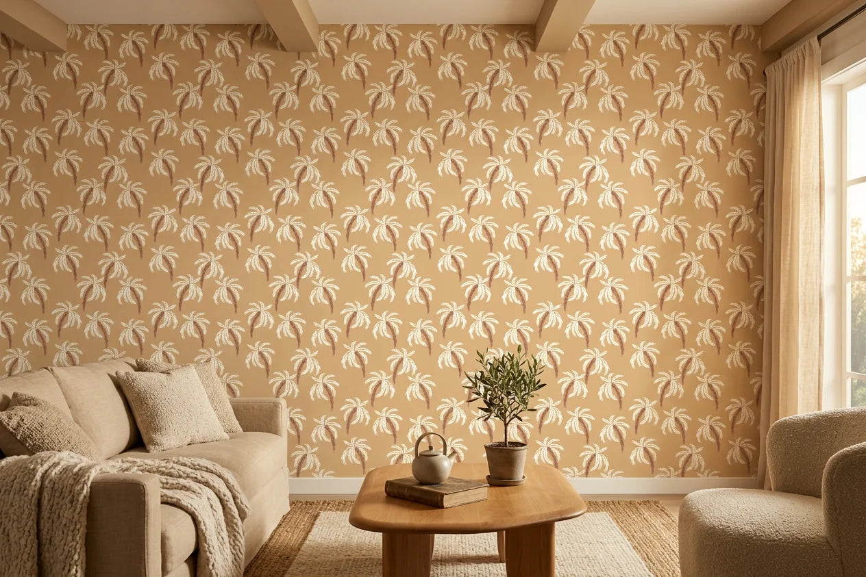 Sun Whispers tropical palm wallpaper in a warm and inviting living room