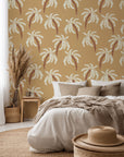 Beige wall covering patterned with white and brown exotic palm trees - Sun Whispers