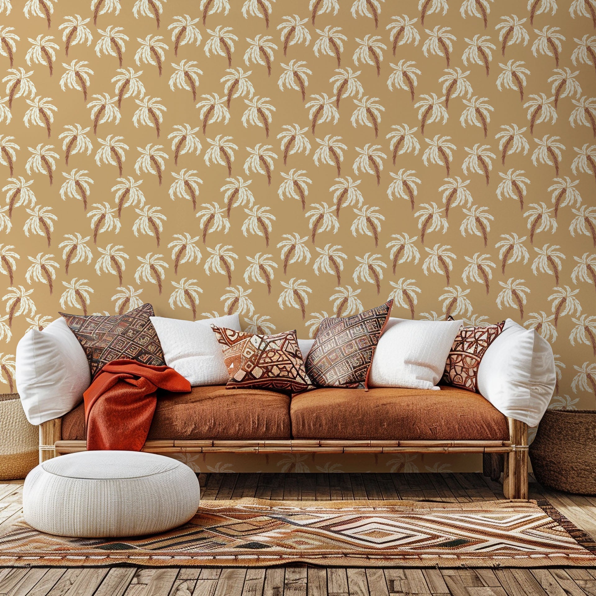 The 'Sun Whispers' pattern: A tan wall covering decorated with white and brown tropical palm motifs