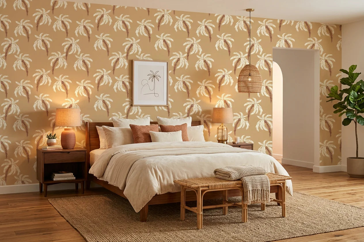 Sun Whispers tropical palm wallpaper adding character to a cozy bedroom
