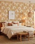 Sun Whispers tropical palm wallpaper adding character to a cozy bedroom