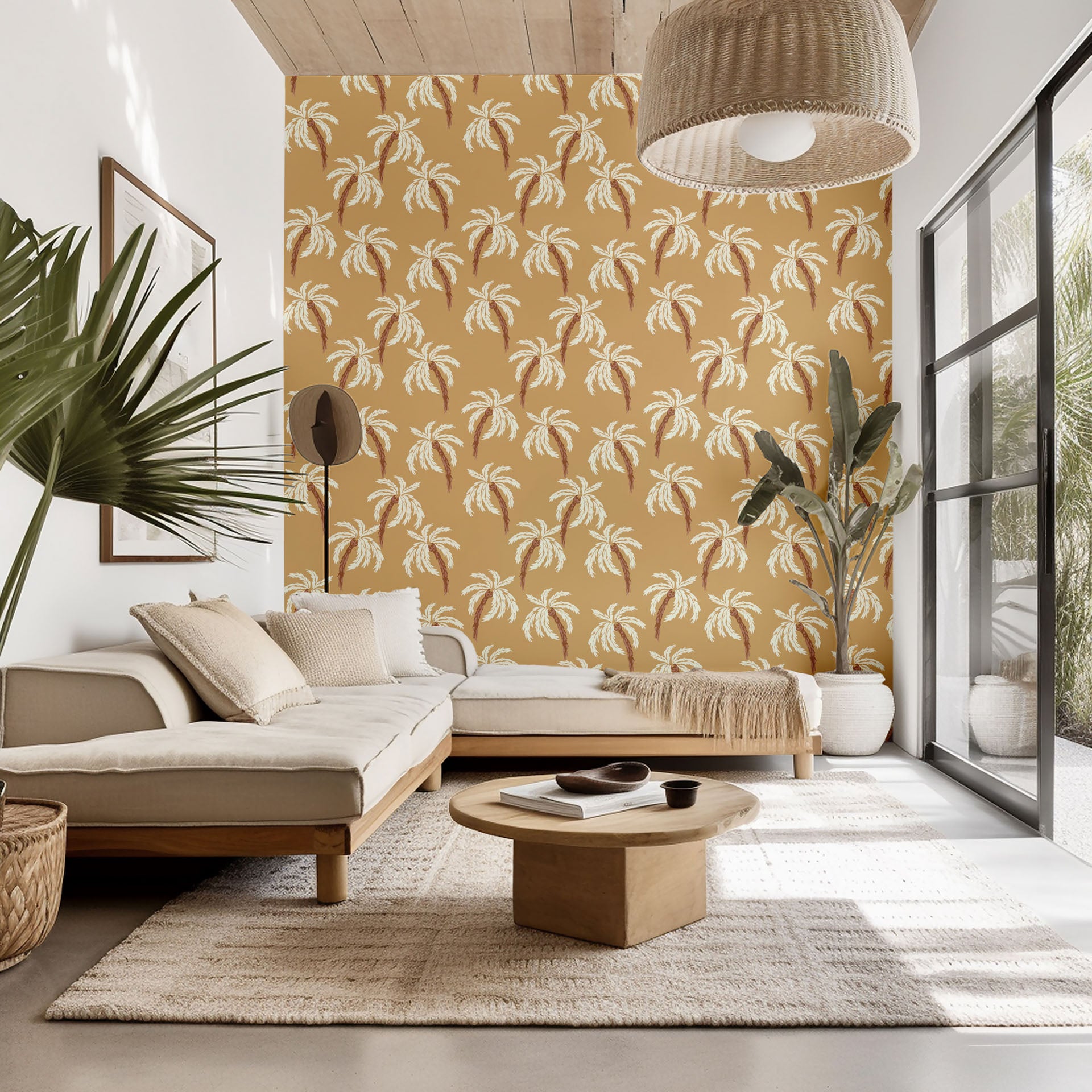A beige wall covering adorned with white and brown tropical palm tree designs, named Sun Whispers