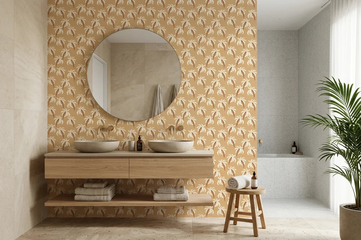 Sun Whispers tropical palm wallpaper as a feature wall in a bright home office