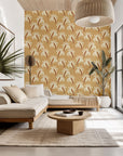 A beige wall covering adorned with white and brown tropical palm tree designs, named Sun Whispers