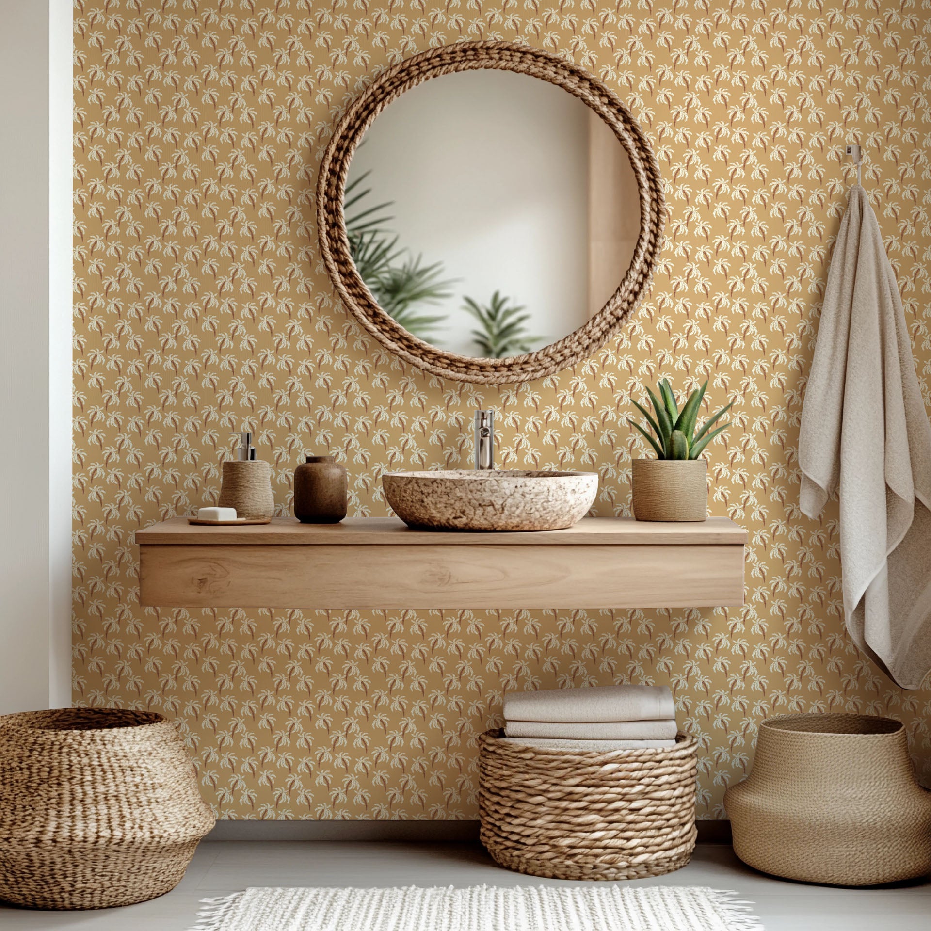 Beige wall covering with a tropical palm tree pattern in brown and white – Sun Whispers