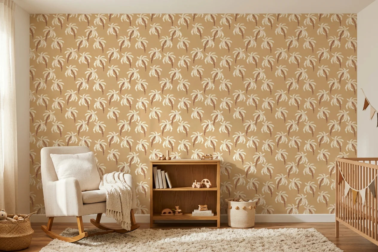 Sun Whispers tropical palm wallpaper creating ambiance in a serene bathroom