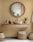 Beige wall covering with a tropical palm tree pattern in brown and white – Sun Whispers