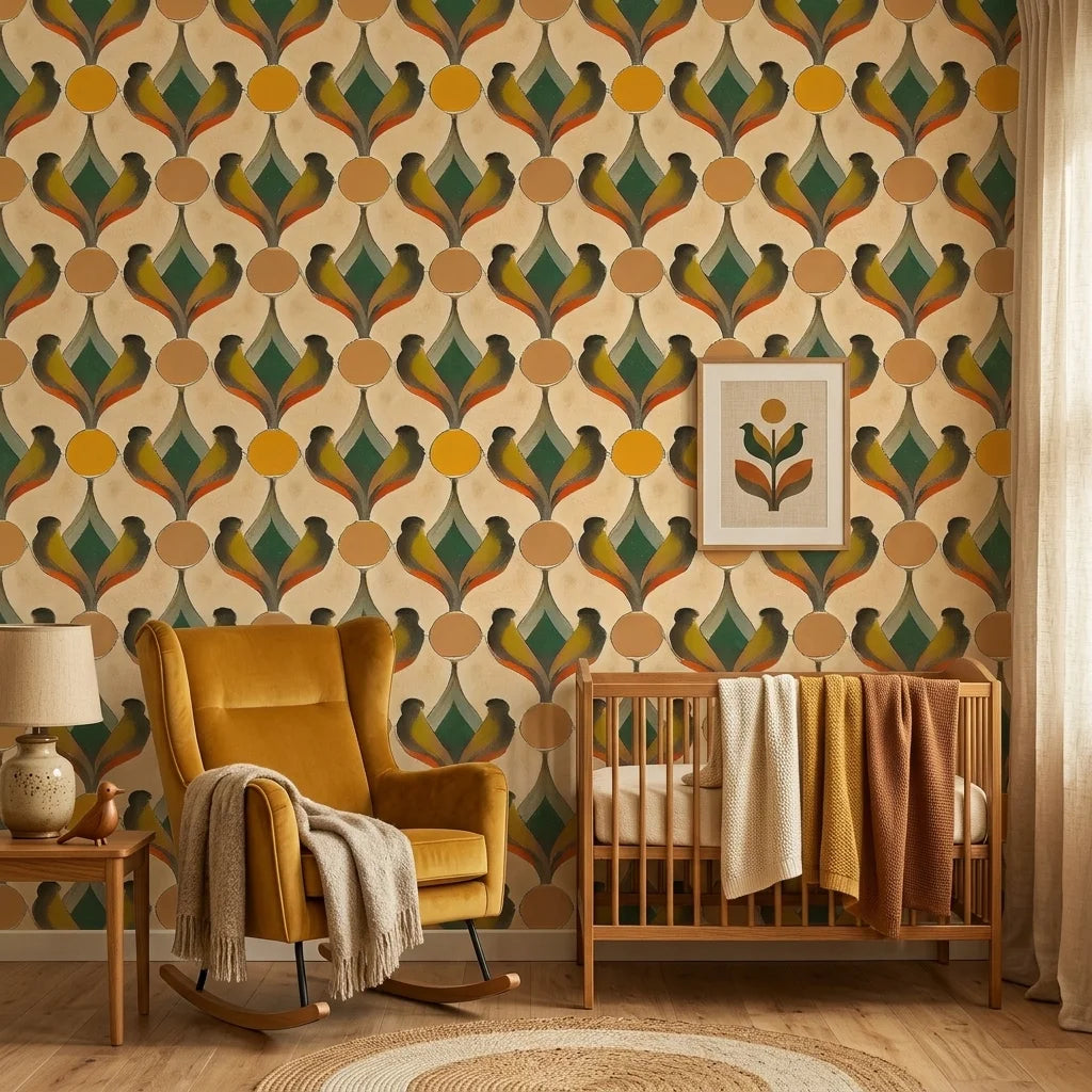Sun & Feather golden art deco bird wallpaper creating ambiance in a serene bathroom