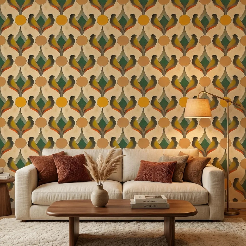 Sun & Feather golden art deco bird wallpaper in a warm and inviting living room