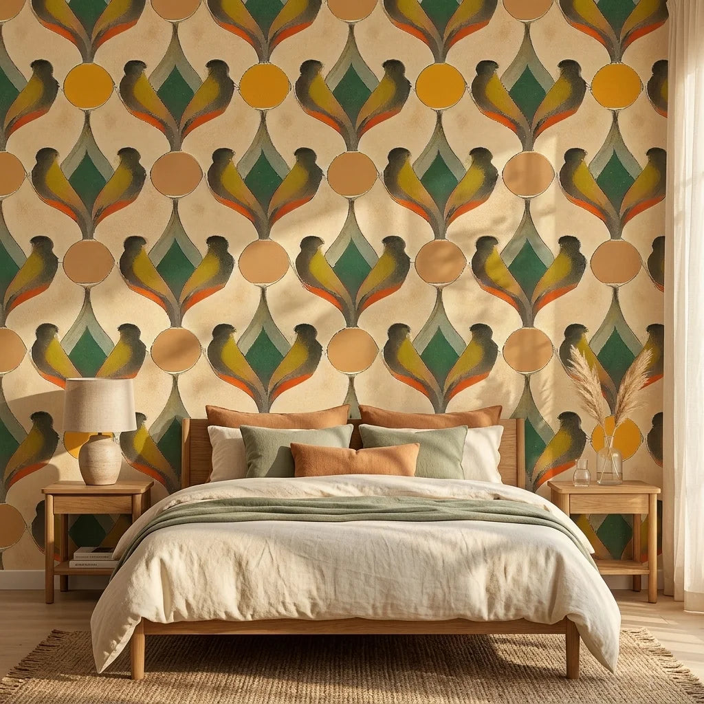 Sun & Feather golden art deco bird wallpaper adding character to a cozy bedroom