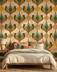 Sun & Feather golden art deco bird wallpaper adding character to a cozy bedroom