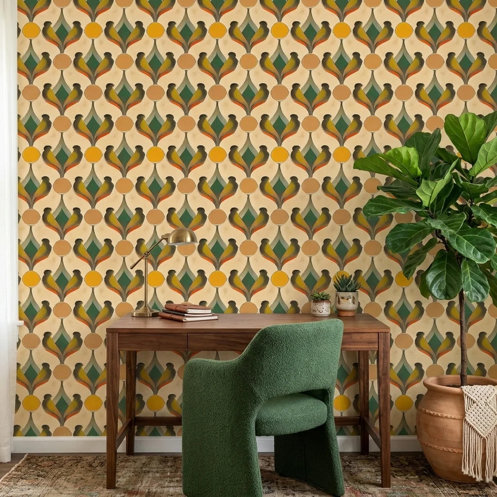 Sun & Feather golden art deco bird wallpaper as a feature wall in a bright home office