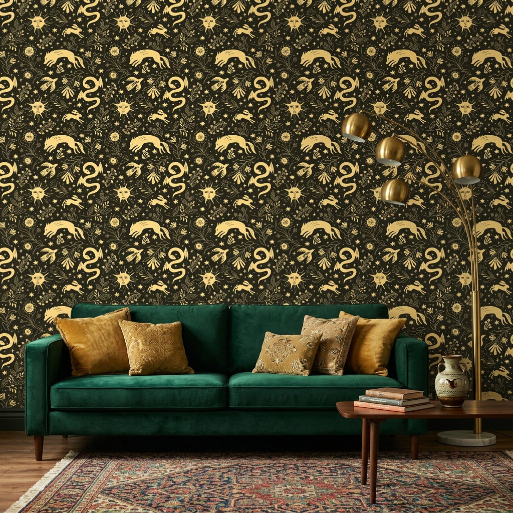 Sun &amp; Moon gold and black celestial wallpaper in a warm and inviting living room