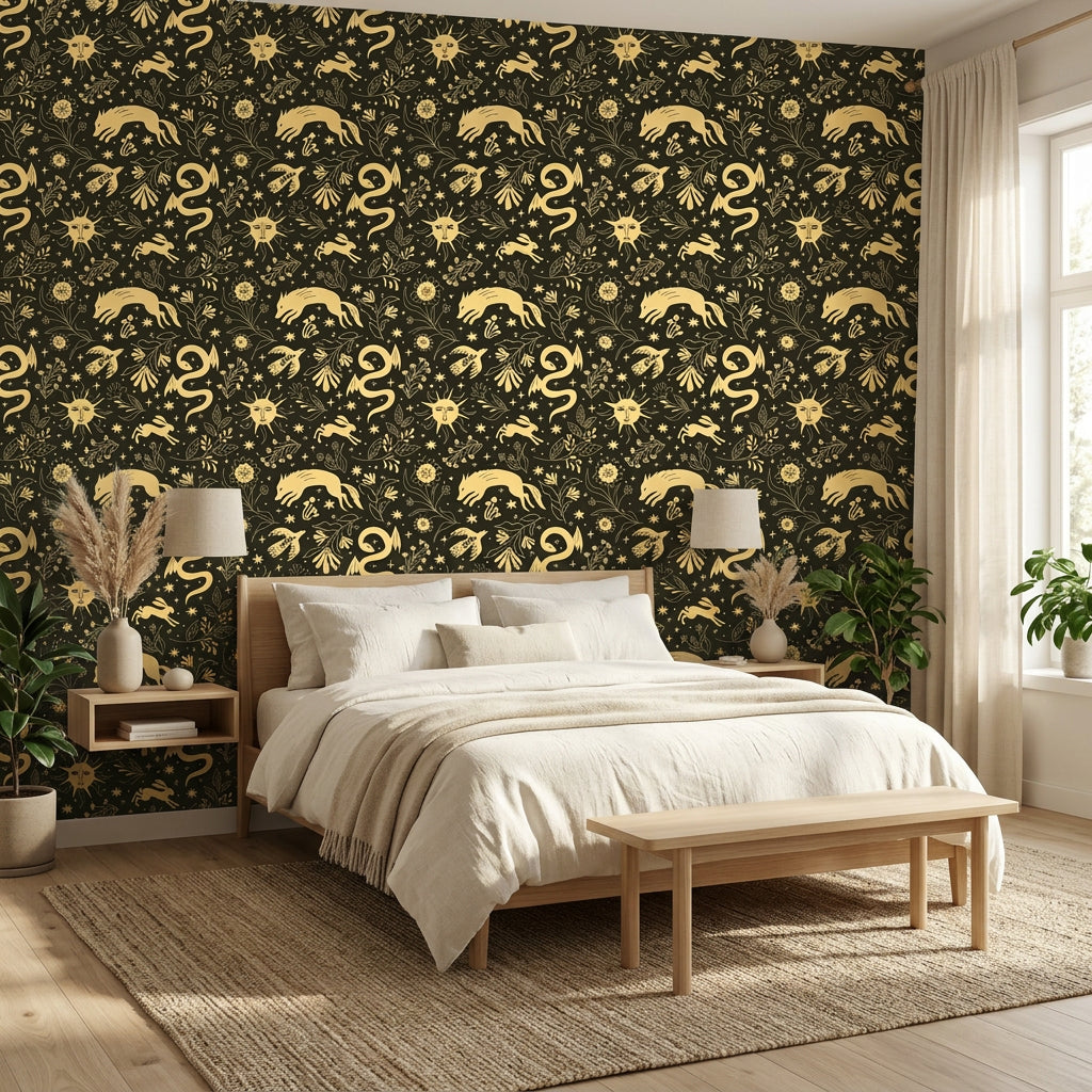Sun &amp; Moon gold and black celestial wallpaper adding character to a cozy bedroom