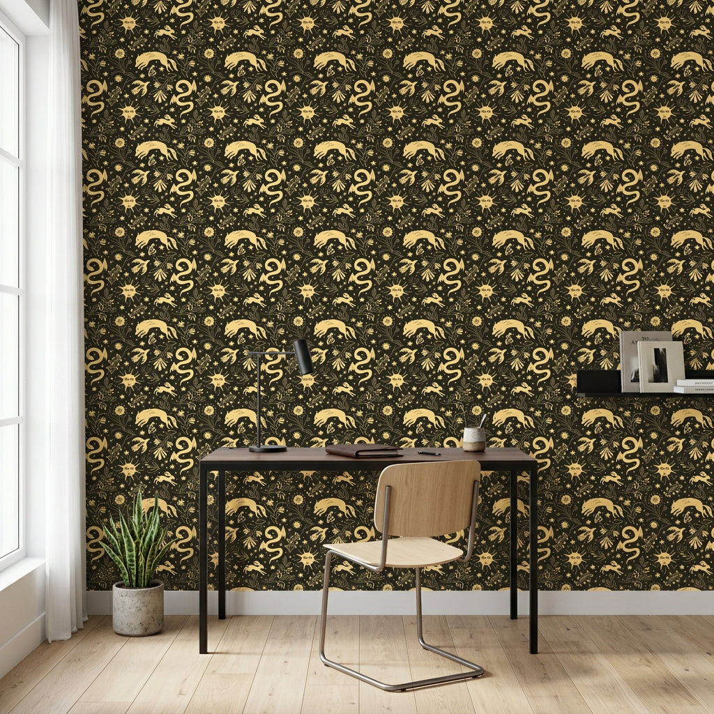 Sun &amp; Moon gold and black celestial wallpaper as a feature wall in a bright home office