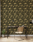 Sun & Moon gold and black celestial wallpaper as a feature wall in a bright home office