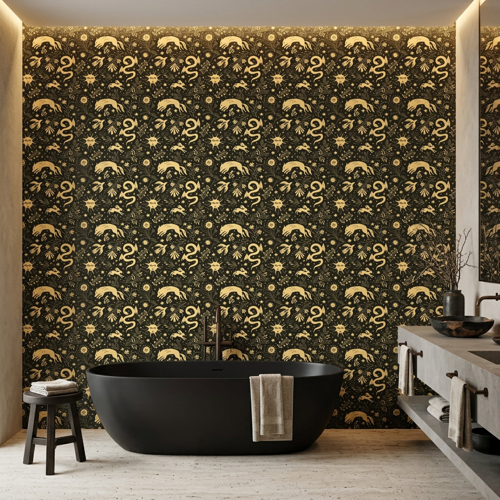 Sun &amp; Moon gold and black celestial wallpaper creating ambiance in a serene bathroom