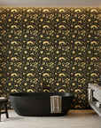 Sun & Moon gold and black celestial wallpaper creating ambiance in a serene bathroom