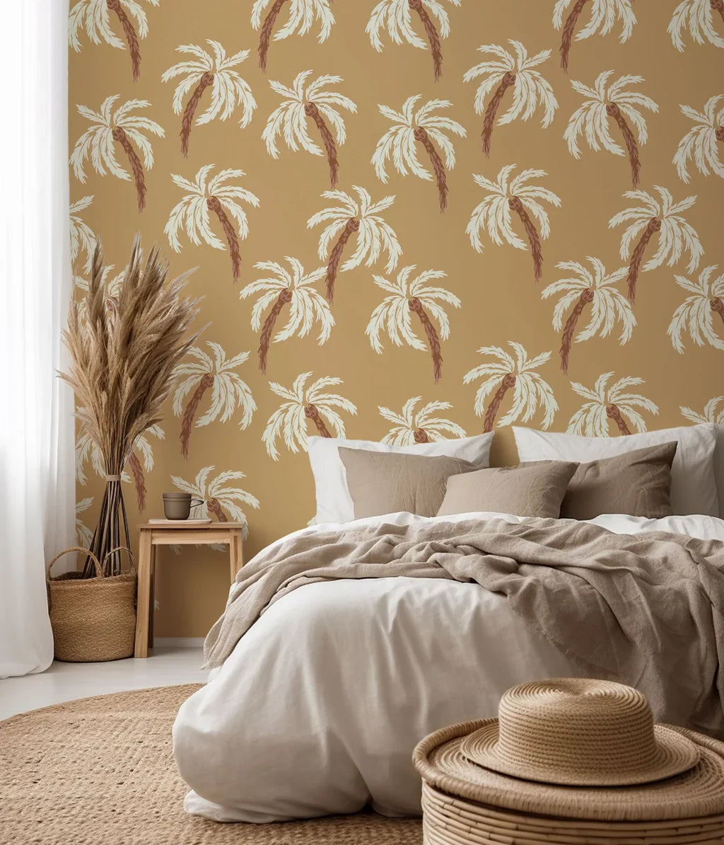 Beige wall covering patterned with white and brown exotic palm trees - Sun Whispers