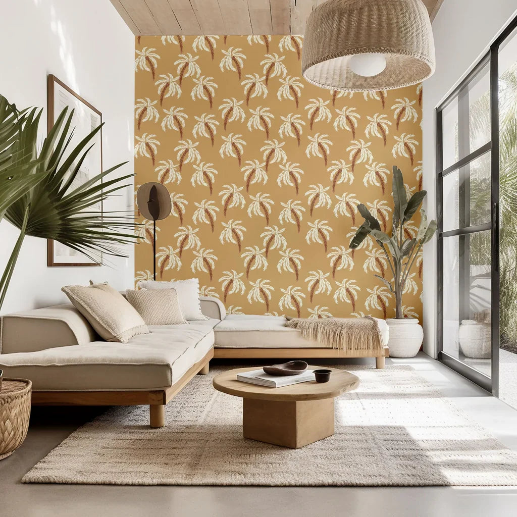 A beige wall covering adorned with white and brown tropical palm tree designs, named Sun Whispers