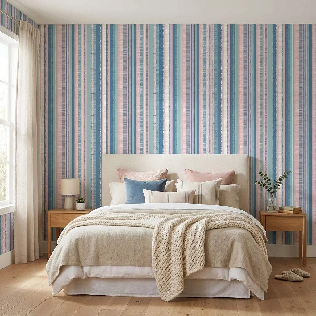 Sunday Stripe pastel hand-drawn stripe wallpaper in a warm and inviting living room