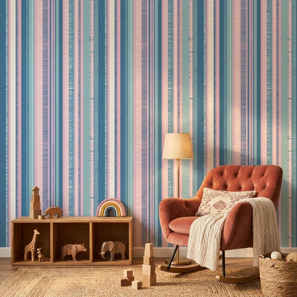 Sunday Stripe pastel hand-drawn stripe wallpaper adding character to a cozy bedroom