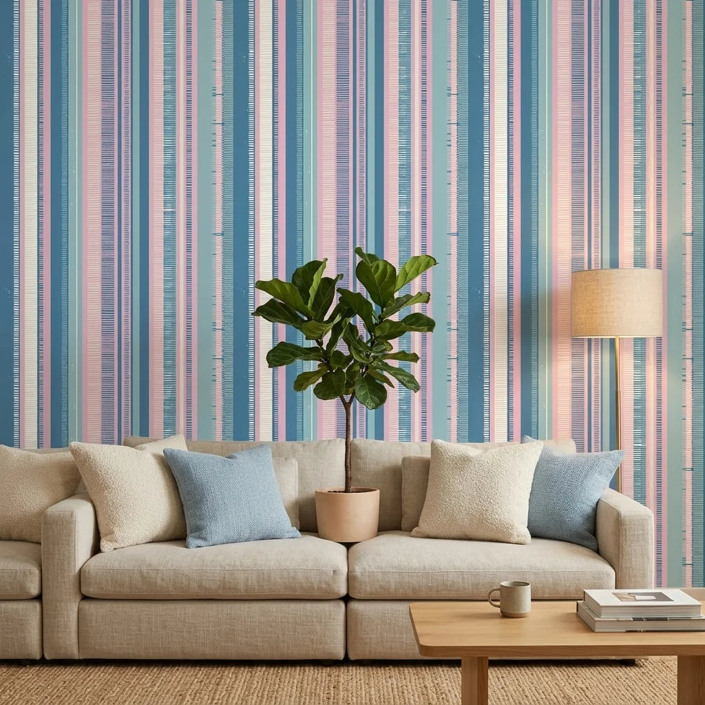 Sunday Stripe pastel hand-drawn stripe wallpaper as a feature wall in a bright home office
