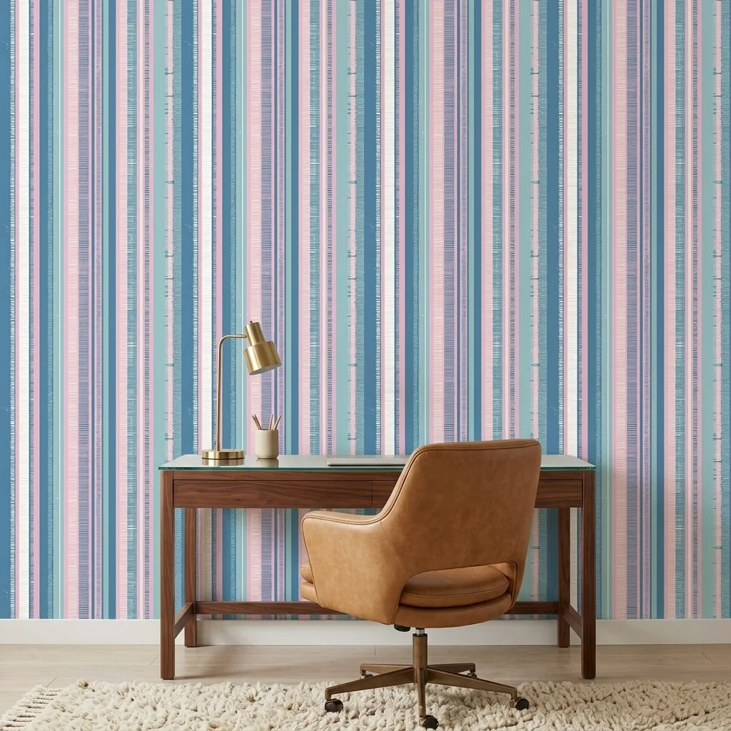Sunday Stripe pastel hand-drawn stripe wallpaper creating ambiance in a serene bathroom