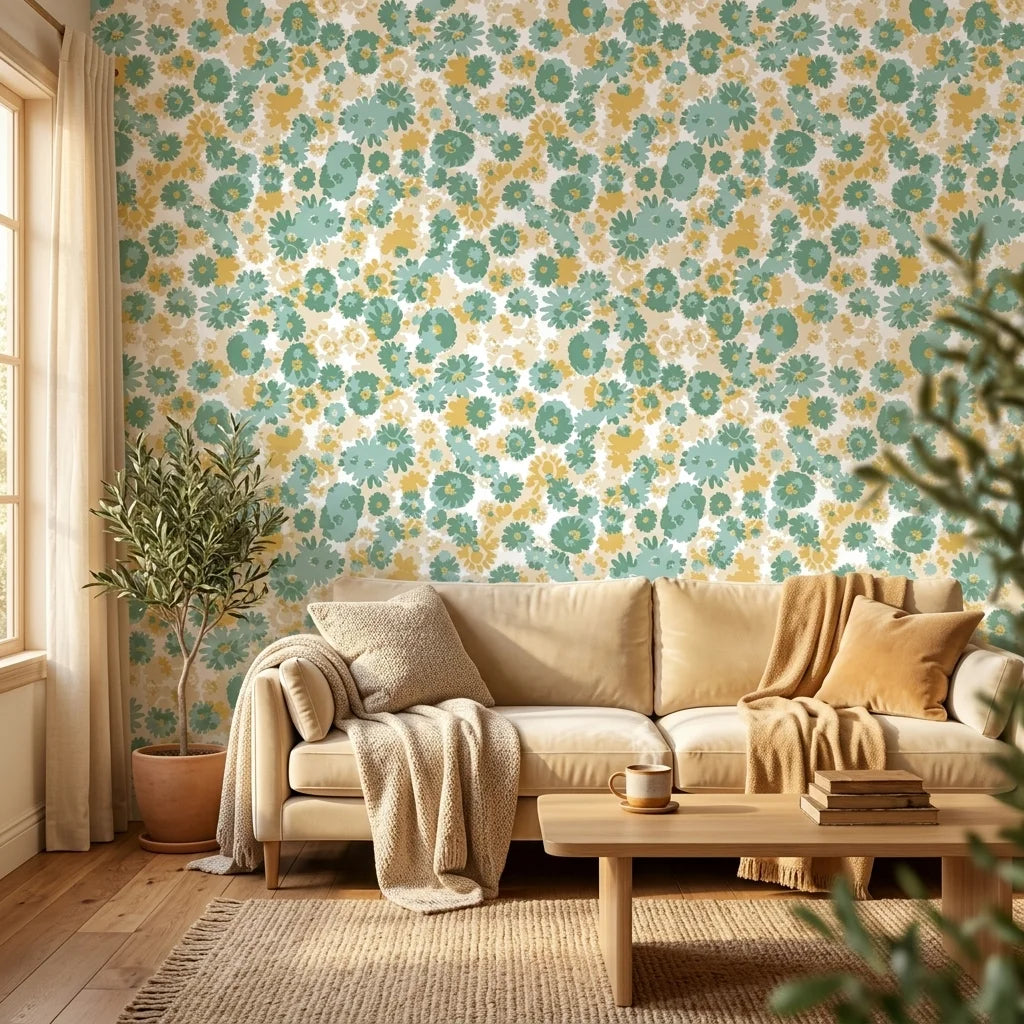 Sunlit Field muted floral peel and stick wallpaper in a warm and inviting living room