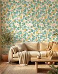 Sunlit Field muted floral peel and stick wallpaper in a warm and inviting living room