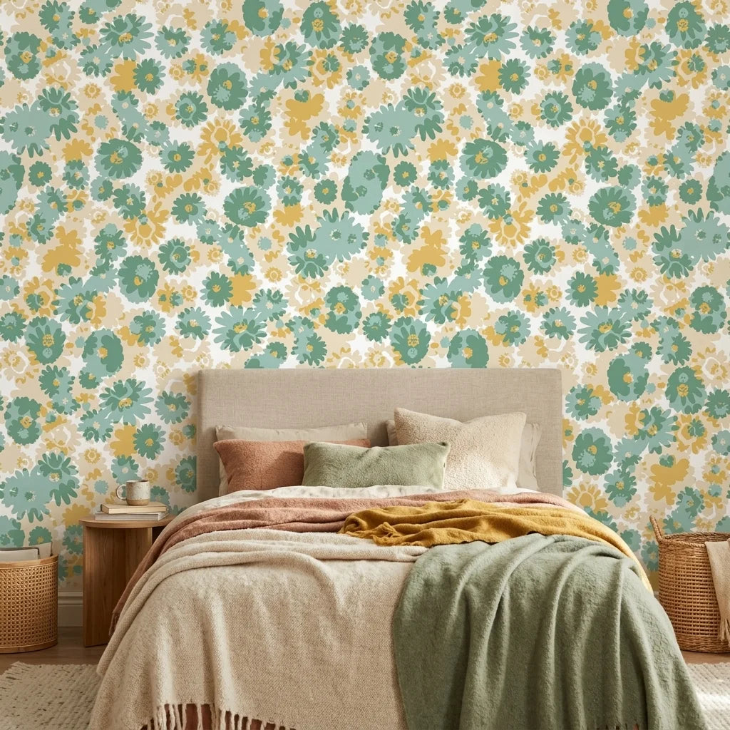 Sunlit Field muted floral peel and stick wallpaper adding character to a cozy bedroom