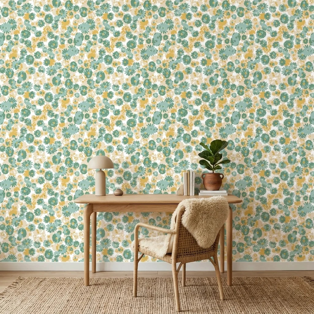 Sunlit Field muted floral peel and stick wallpaper as a feature wall in a bright home office