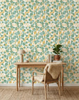Sunlit Field muted floral peel and stick wallpaper as a feature wall in a bright home office