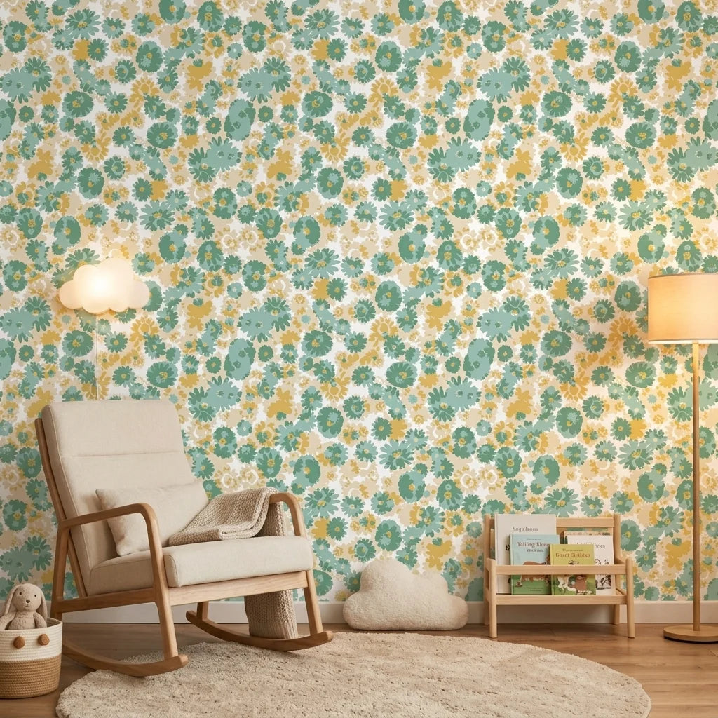 Sunlit Field muted floral peel and stick wallpaper creating ambiance in a serene bathroom