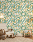 Sunlit Field muted floral peel and stick wallpaper creating ambiance in a serene bathroom