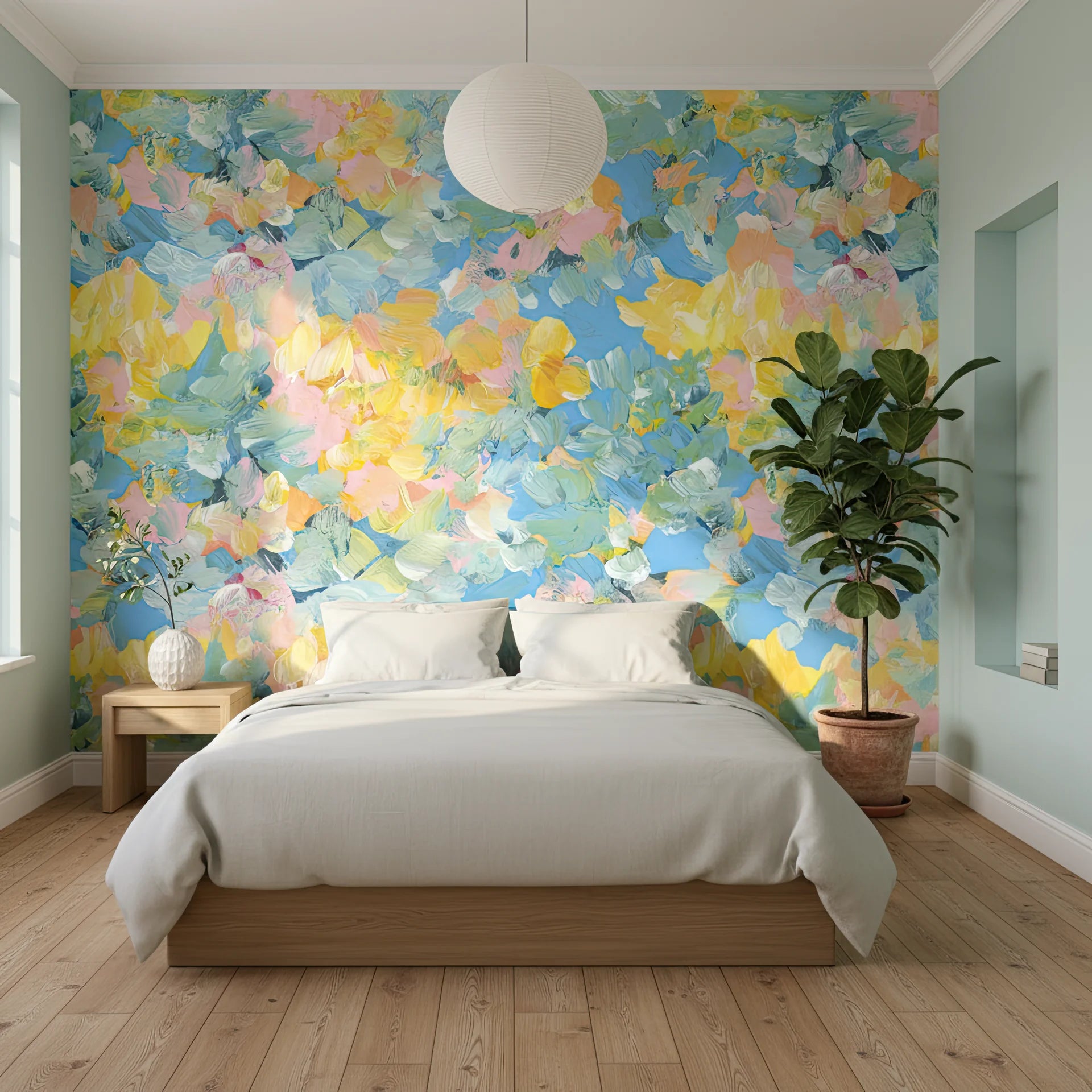 Colorful floral peel and stick wallpaper with loose brushwork