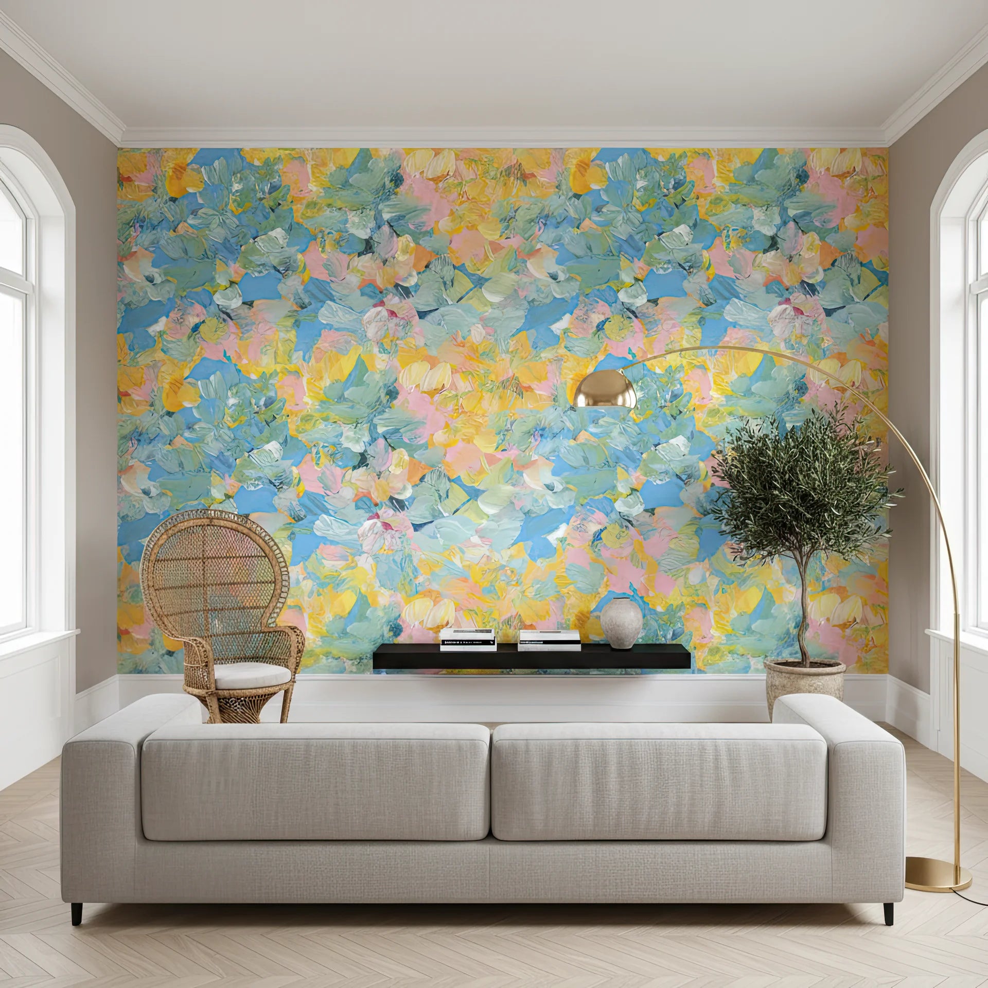 Fresh botanical removable wallpaper in bright garden colors