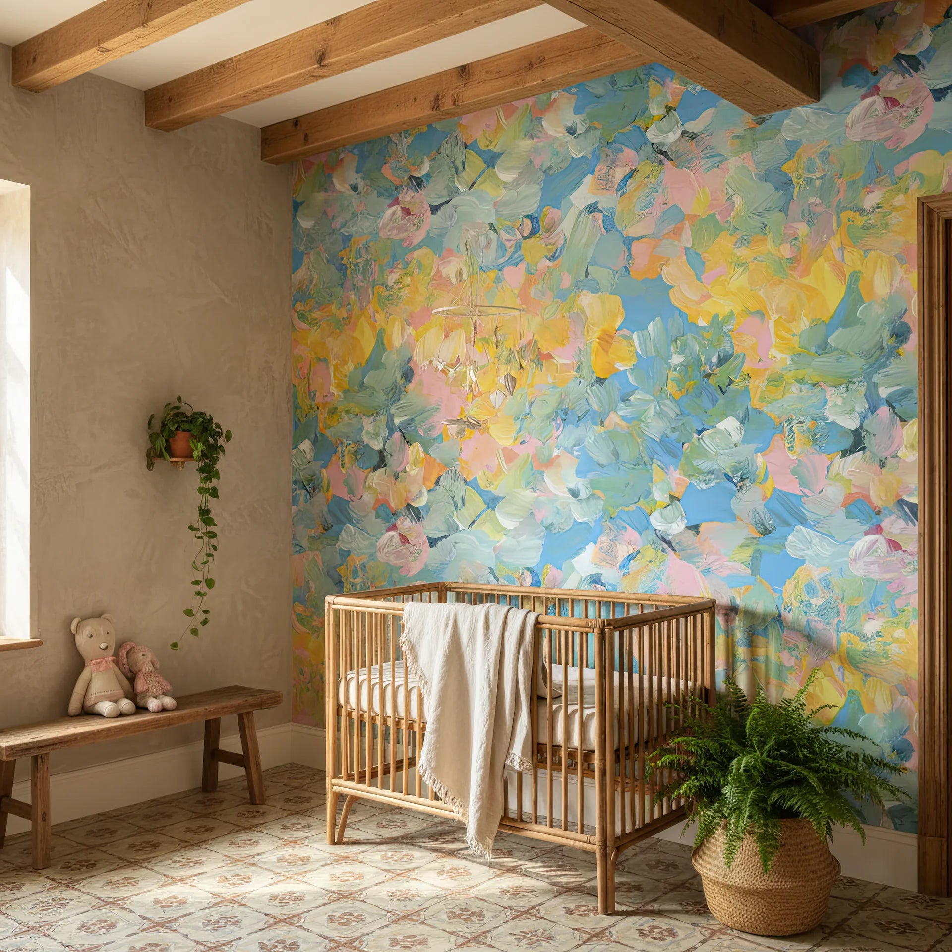 Sun-dappled wall covering with vibrant paint strokes and blooms