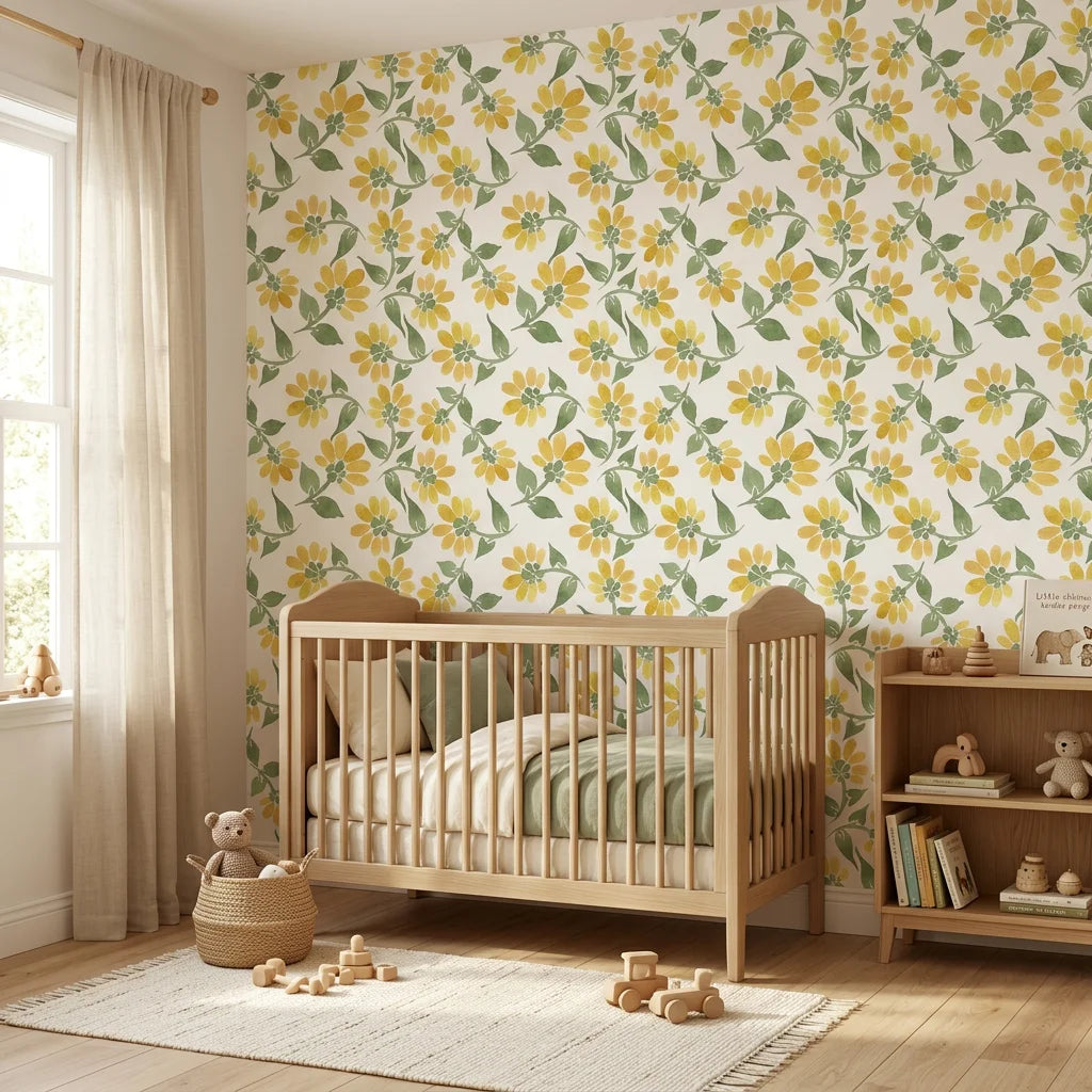 Smooth watercolor yellow daisy botanical peel and stick wallpaper - Sunlit Meadow