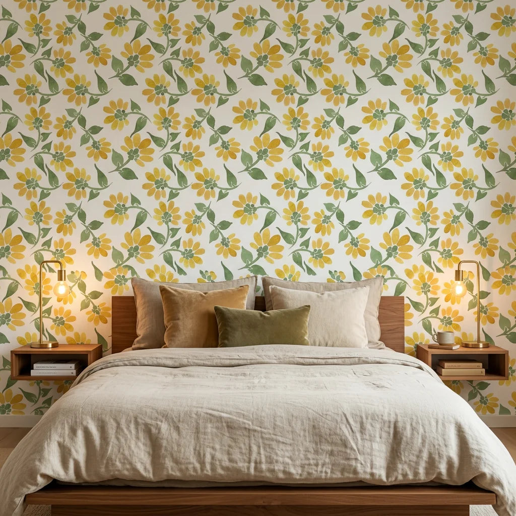 Smooth watercolor yellow daisy botanical peel and stick wallpaper - Sunlit Meadow in a warm living room