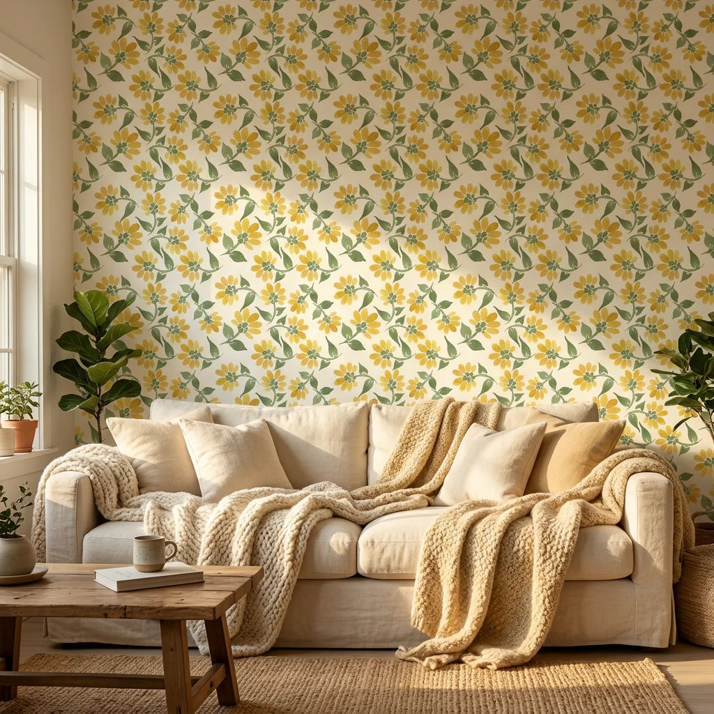 Smooth watercolor yellow daisy botanical peel and stick wallpaper - Sunlit Meadow adding character to a bedroom