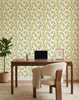 Smooth watercolor yellow daisy botanical peel and stick wallpaper - Sunlit Meadow as a feature wall in an office