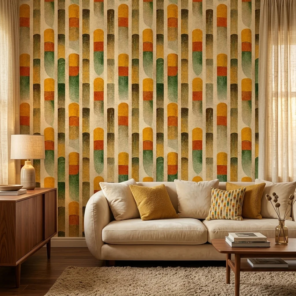 Sunlit Pillars retro geometric column wallpaper creating ambiance in a serene bathroom